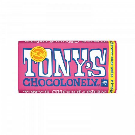 Tony's Chocolonely Weiße Schokolade mit Himbeere und Knisterzucker, 180-g-Tafel