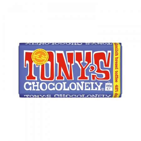 Tony's Chocolonely Dunkle Vollmilchschokolade 42% Brezel Toffee, 180-g-Tafel