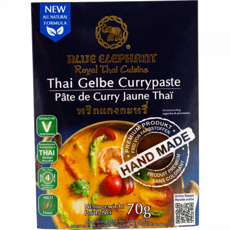Blue Elephant Yellow Curry Paste made from freshly ground spices, 70-g-Packung