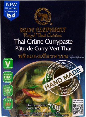 Blue Elephant Green Curry Paste made from freshly ground spices, 70-g-Packung