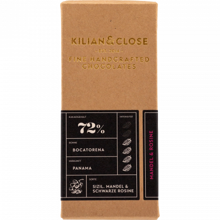 Kilian & Close 72 % Silzilianische Mandel & Schwarze Rosine, 80-g-Tafel