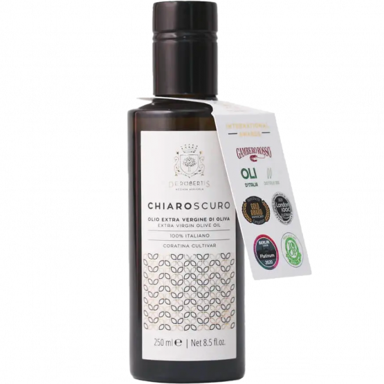 De Robertis Olio Extra Vergine di Oliva CHIAROSCURO MONOCULTIVAR CORATINA, 250-ml-Flasche De Robertis Olio Extra Vergine di Oliva CHIAROSCURO MONOCULTIVAR CORATINA, 250-ml-Flasche