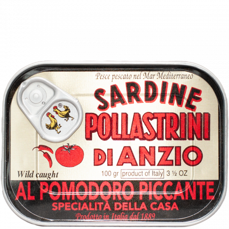 Pollastrini Sardine al Pomodoro Piccante, 106-ml-Dose 100-g-Dose