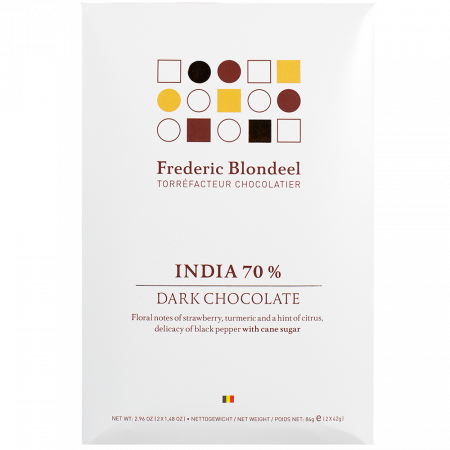 Frederic Blondeel India 70% Dark Chocolate, 84-g-Schachtel