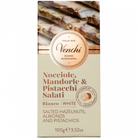 Venchi Cioccolato Bianco con Frutta Secca Salate (Nocciole, Mandorle e Pistacchi), 100-g-Tafel